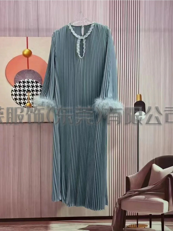 Abaya Women Dress Muslim Pleated Feather Dubai Vestidos Largos Long Dresses Kaftan Arab Robe Party Caftan Jalabiya Ramadan