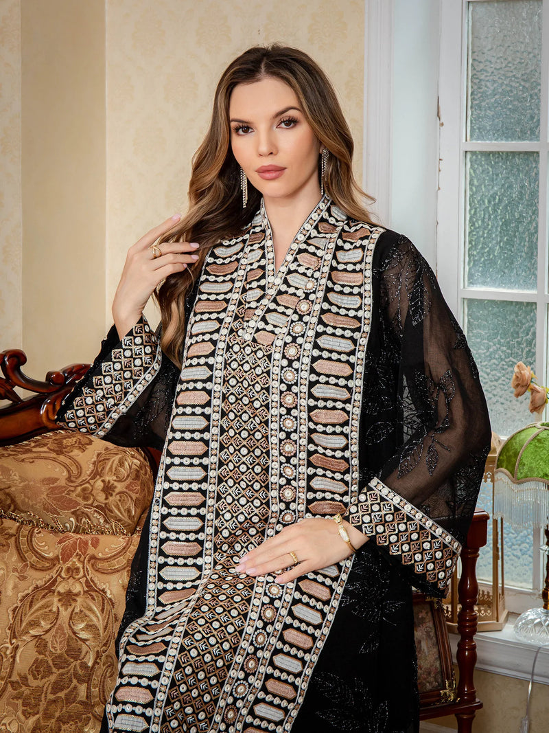 Elegant Dubai Women Dress Abaya Embroidery Morocco Kaftan Vestidos Largos Arab Long Robe Eid Muslim Party Jalabiya Ramadan 2025