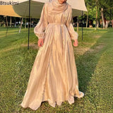 Women Eid Muslim Abaya Lantern Sleeve Gorgeous Party Dress Solid Pearls Long Robe Dubai Abaya Kaftan Streamer Yarn Vestidos
