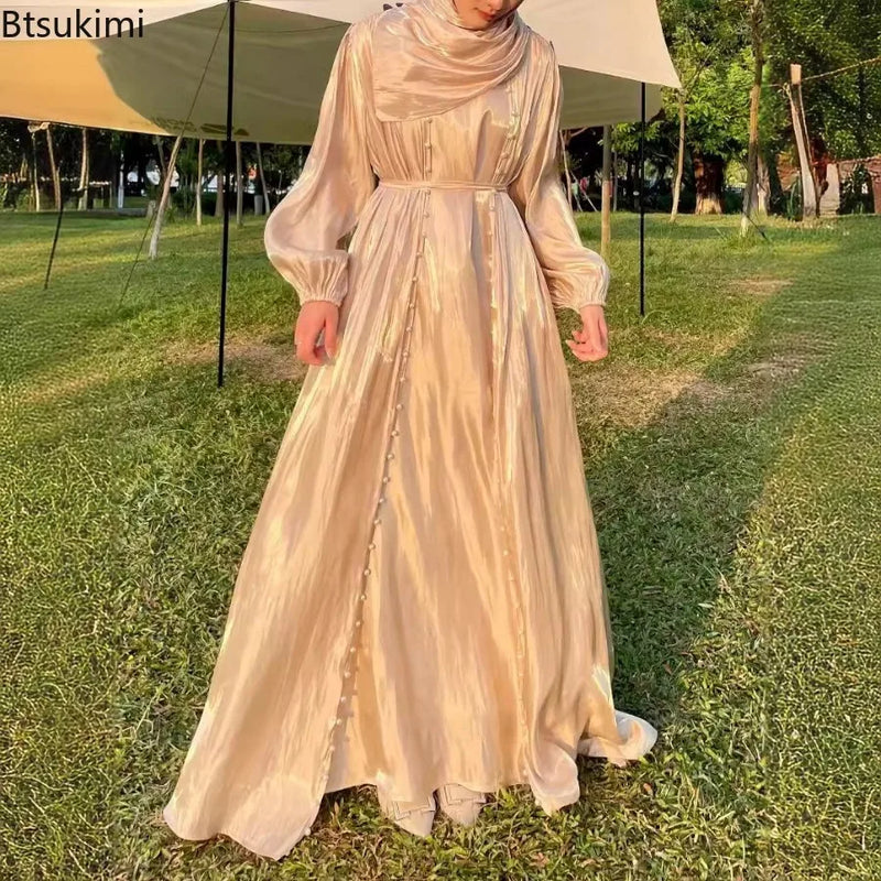 Women Eid Muslim Abaya Lantern Sleeve Gorgeous Party Dress Solid Pearls Long Robe Dubai Abaya Kaftan Streamer Yarn Vestidos
