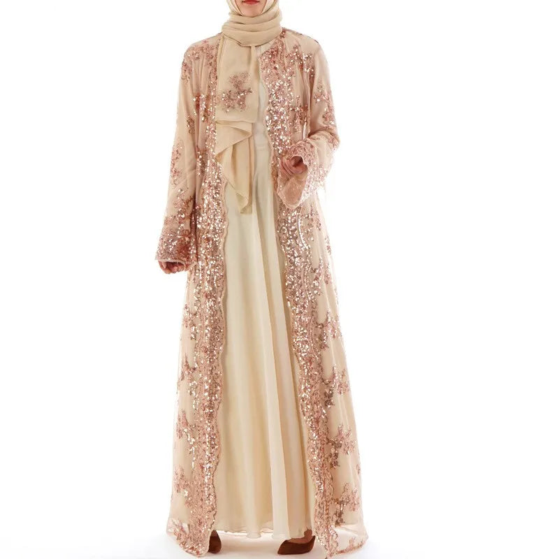 2025 New Black White Sequin Kimono Cardigan Abaya Dubai Luxury Muslim Kaftan Abayas for Women Turkish Islamic Clothing Outfit