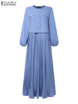 2025 ZANZEA Autumn Maxi Long Dress Women Elegant Long Sleeve Solid Pleated Sundress Patchwork Dresses Muslim Abaya Robe Femme