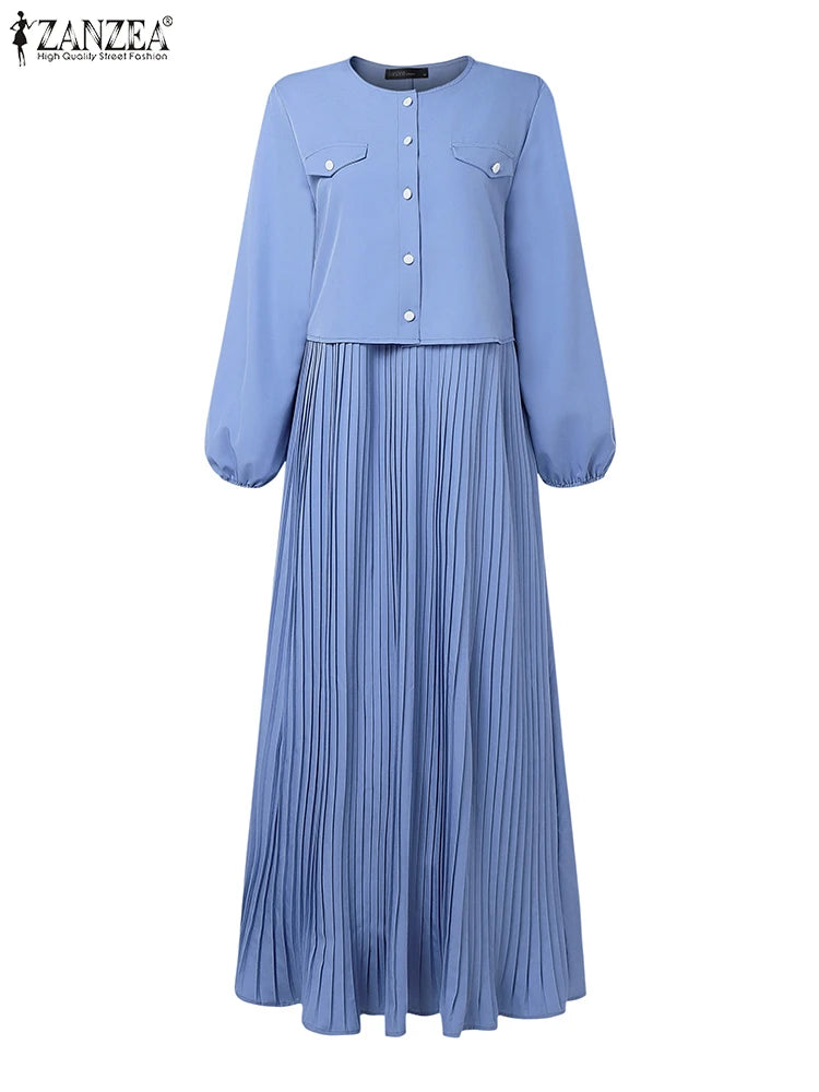 2025 ZANZEA Autumn Maxi Long Dress Women Elegant Long Sleeve Solid Pleated Sundress Patchwork Dresses Muslim Abaya Robe Femme