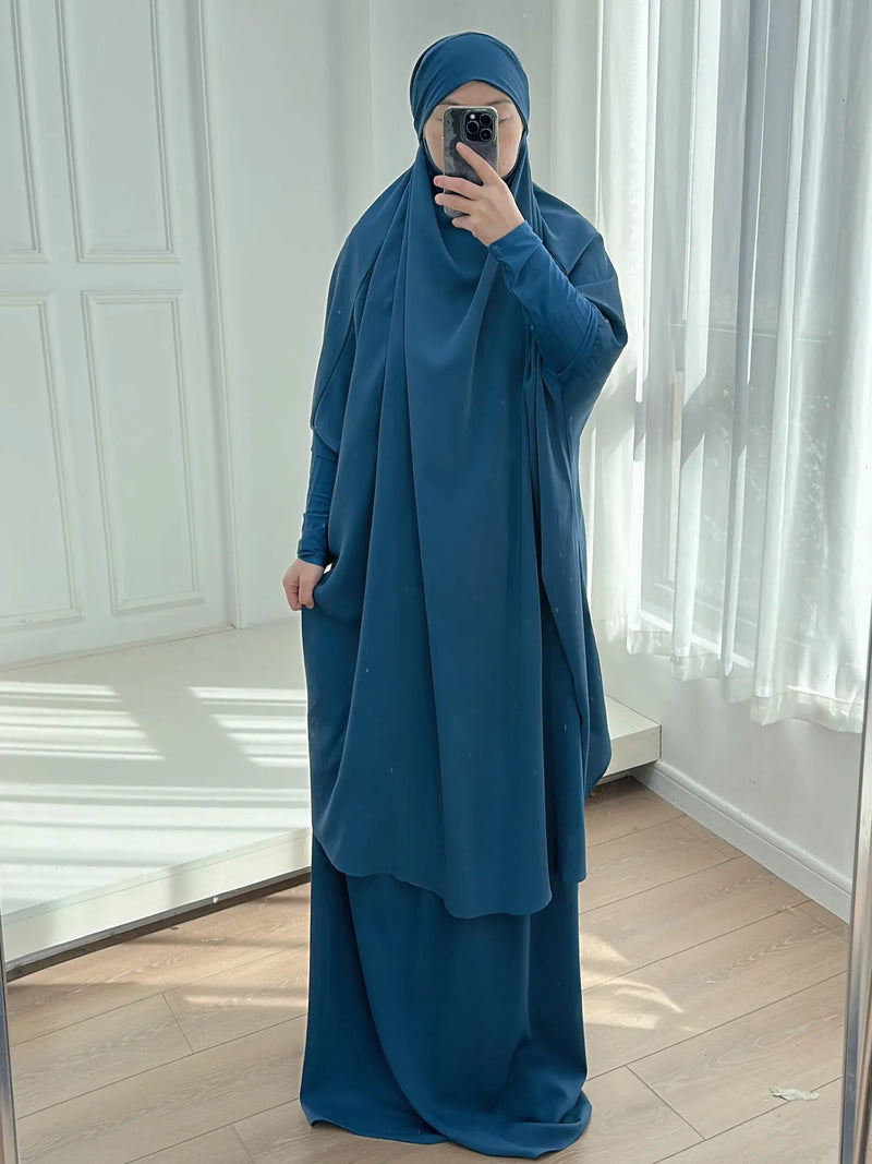 2 Piece Set Hooded Abayas and Skirt for Muslim Women Hijab Dresses Eid Ramadam Prayer Garment Islamic Clothing Pink Black