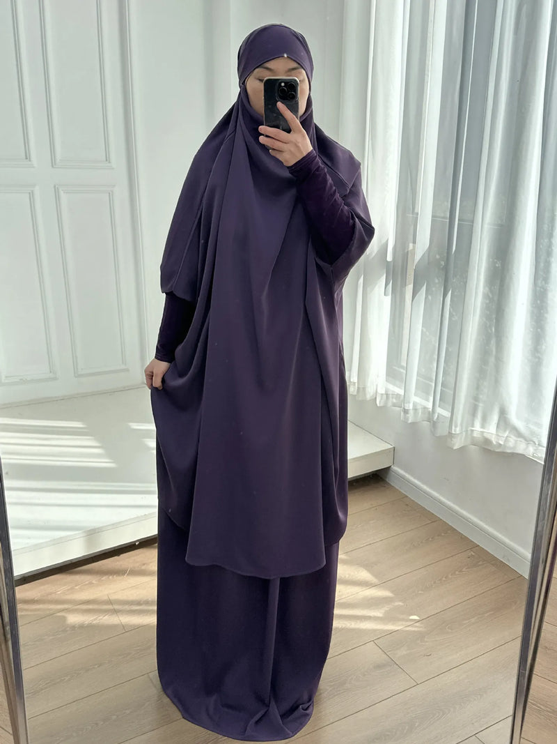 2 Piece Set Hooded Abayas and Skirt for Muslim Women Hijab Dresses Eid Ramadam Prayer Garment Islamic Clothing Pink Black