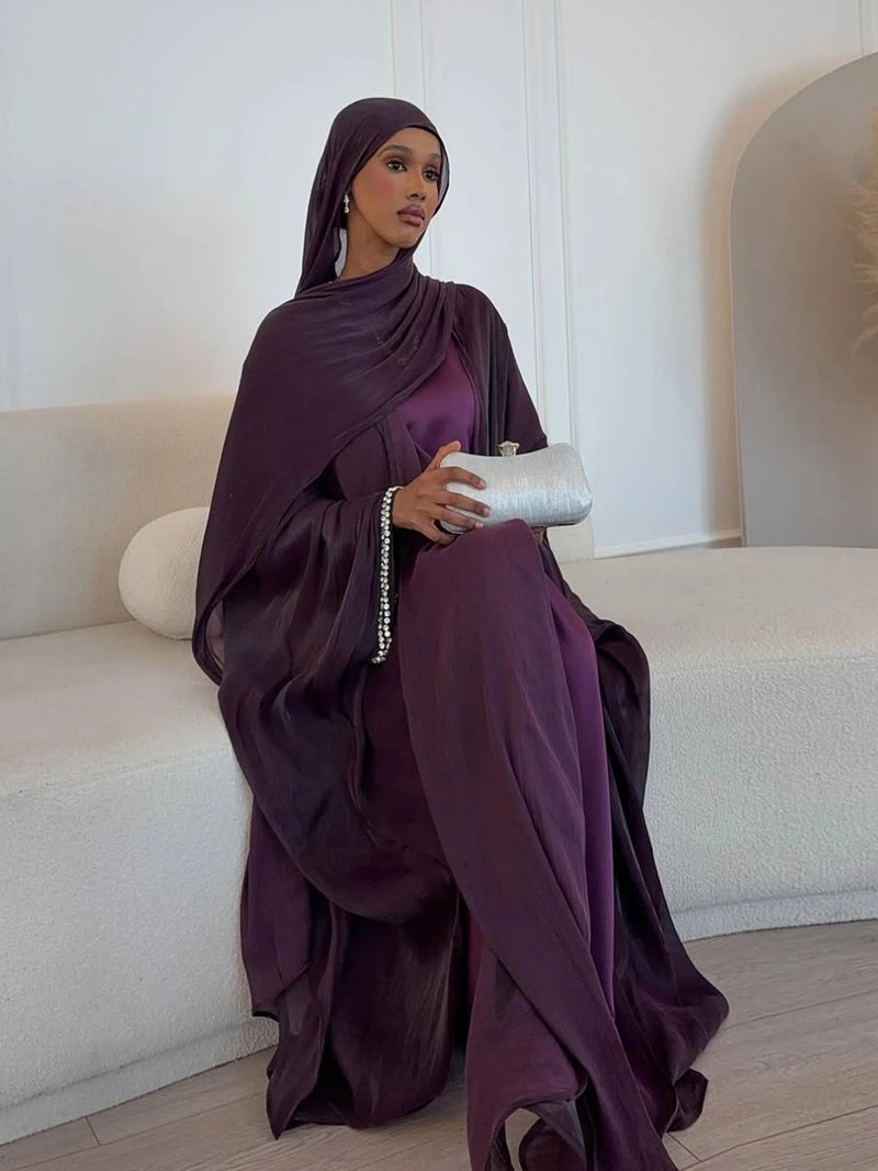 Abaya Scarf Dress 3 Piece Set for Women Cardigan Ramadan Beading Sleeve Dubai Jalabiya Kaftan Vestidos Arab Robe 2025