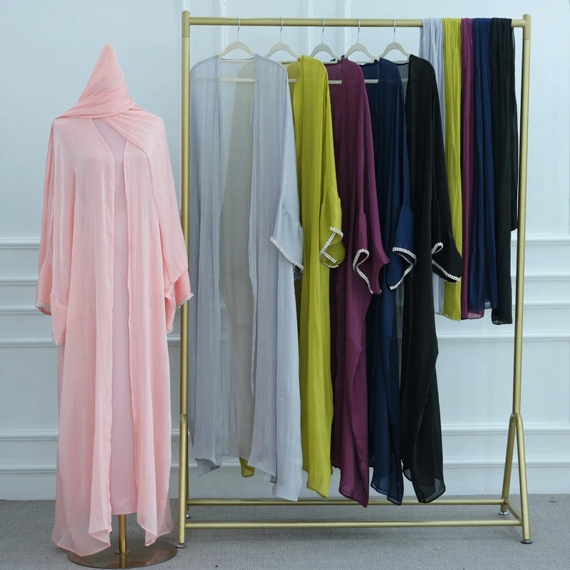 2025 New Abaya Set Shinny Dubai Abaya Cardigan Inner Dress Hijab 3pcs Set Islamic Clothing Women Abaya Muslim Dress