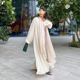 Eid Ramadan Silky Beige Abaya Button Sleeve Open Abayas And Khimar Women Party Evening Kaftan Caftan Kebaya Vestido Cardigan