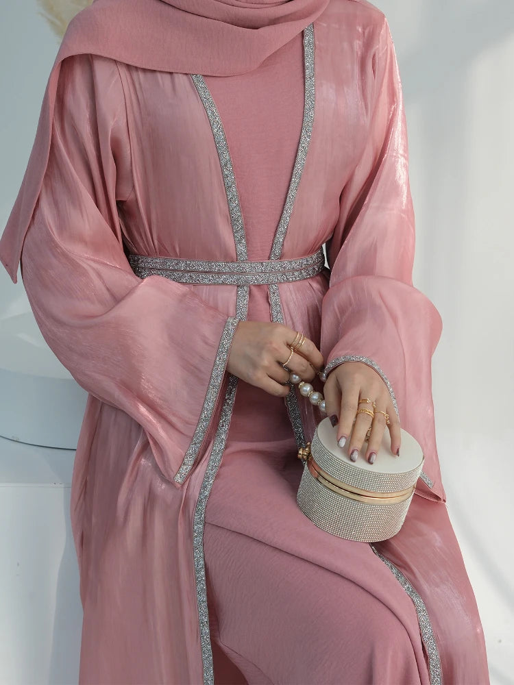 Muslim Abaya for Women Eid Dress 2 Piece Set Diamond Morocco Ramadan Lace-up Abayas Kaftan Islam Cardigan Dubai Arab Long Robe