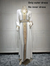 White Dress with Belt Women Muslim Eid Abaya Gold Lace Trim Party Gown Sleeveless Bottom Underskirt Saudi Arab Jalabiya Kaftan