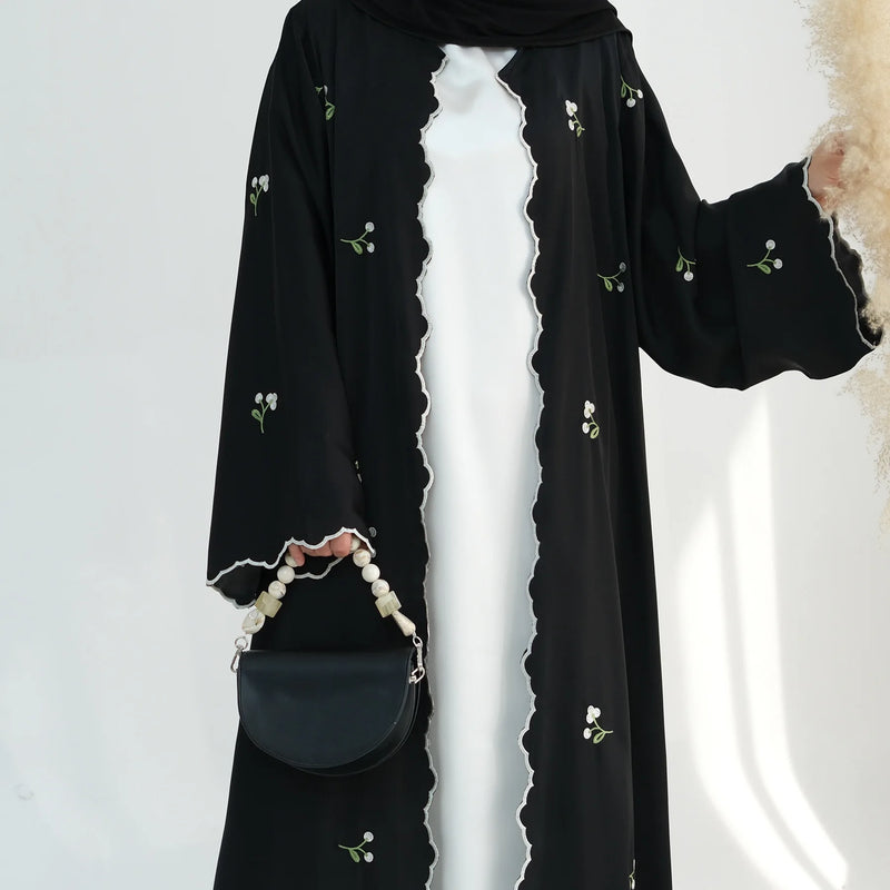 New Fashion Nida Dubai Abaya Ladies Floral Embroidered Kimono Style Muslim Dress Breathable Cotton Autumn Clothing