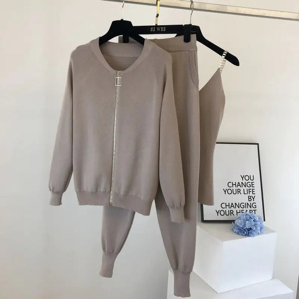 Three-Piece Knit Jacket and Elastic Pants Set