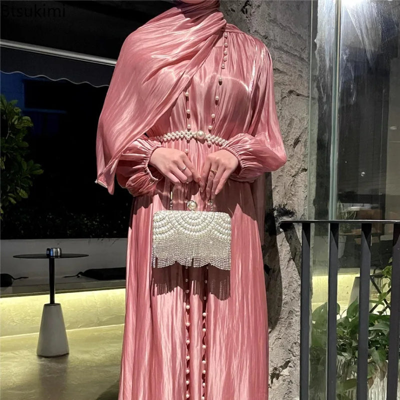 Women Eid Muslim Abaya Lantern Sleeve Gorgeous Party Dress Solid Pearls Long Robe Dubai Abaya Kaftan Streamer Yarn Vestidos