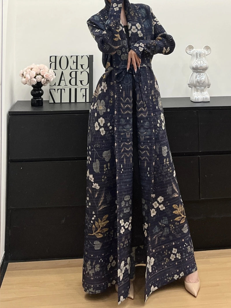 Miyake Pleated Abaya Trench Cardigans Printed Long Sleeve Turn-down Collar Dress Women 2025 Original Designer Caftan Long Coats