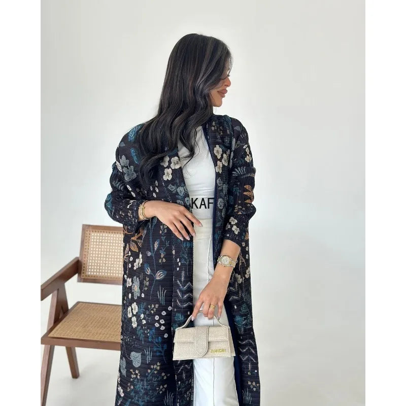 Miyake Pleated Black Printed Trench Coat Jacket Muslim Abaya High Quality Fashion Casual Commuter Peplum Women's Clothing