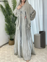 Women Eid Muslim Abaya Lantern Sleeve Gorgeous Party Dress Solid Pearls Long Robe Dubai Abaya Kaftan Streamer Yarn Vestidos