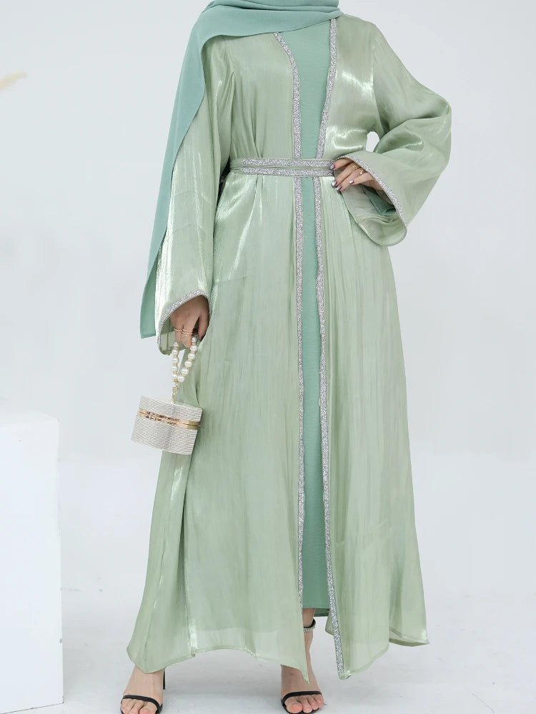 Muslim Abaya for Women Eid Dress 2 Piece Set Diamond Morocco Ramadan Lace-up Abayas Kaftan Islam Cardigan Dubai Arab Long Robe
