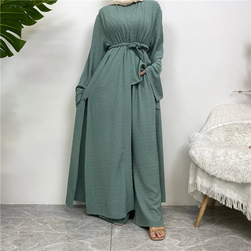 3 Piece Set Eid Muslim Dress Women Open Abaya Kaftan Dubai Kaftan Tops Pants Turkey Islam Kimono Robe Femme Musulmane Ensembles