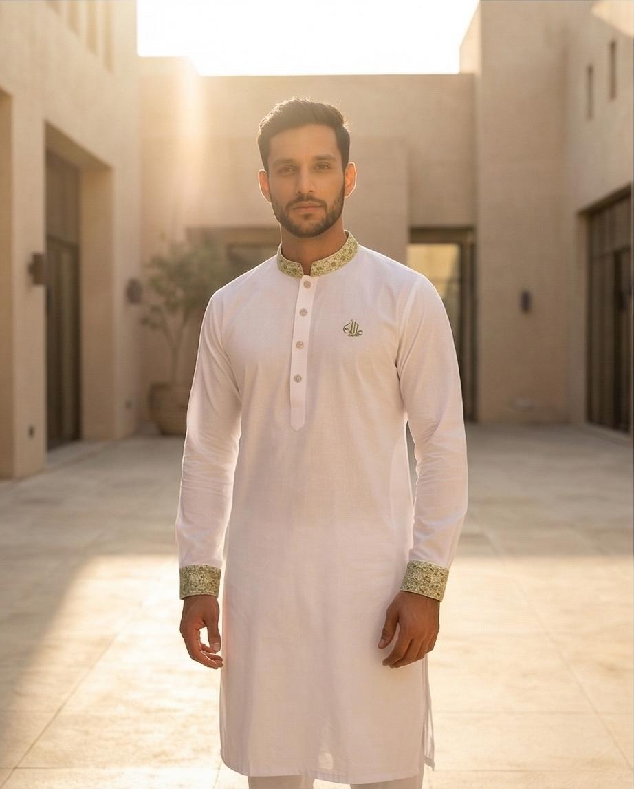 Pristine White Panjabi with Olive Calligraphic Embroidery | 432| - Raakaat