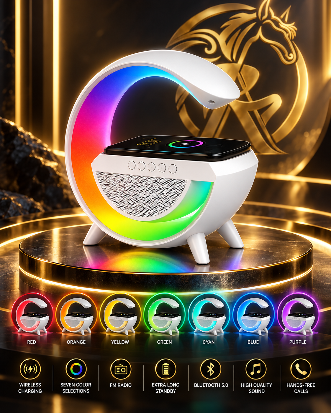 LED Wireless Charging Speaker 2301 premium display and color modes