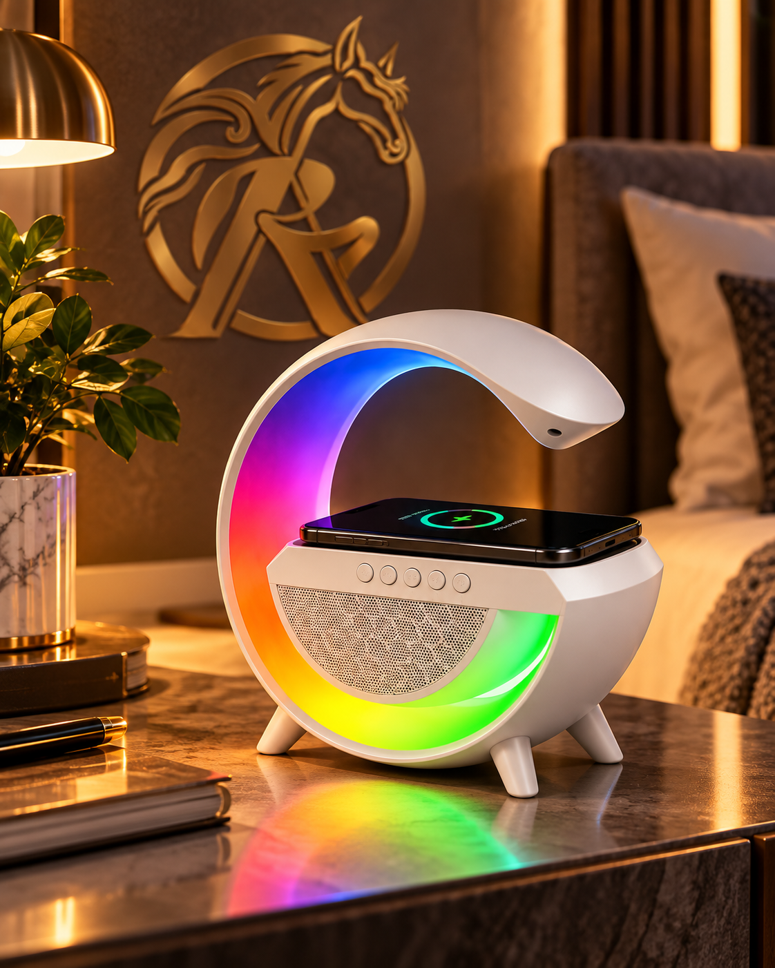 LED Wireless Charging Speaker 2301 in use with wireless charging
