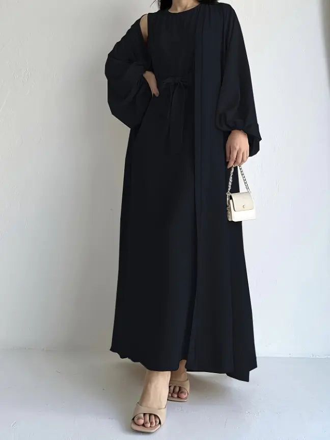 Elegant Abaya Ramadan Two-Piece Set with Tie Waist