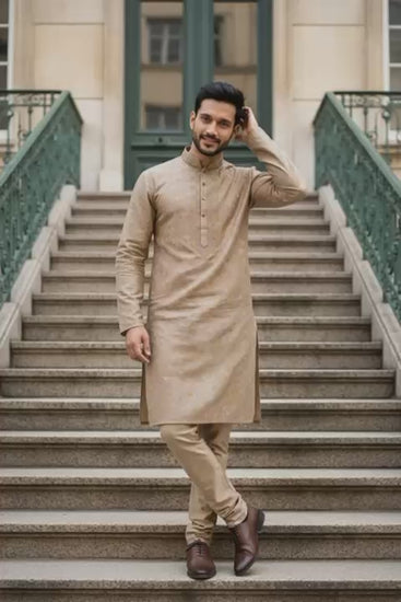 Beige Luxury Bangladeshi Panjabi with Subtle Embroidery P0003 worn by a man on stairs, showcasing traditional elegance.