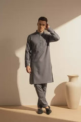 The Slate Heirloom | Hand-Embroidered Modern Panjabi P0006 worn by a man in charcoal slate with tonal embroidery.