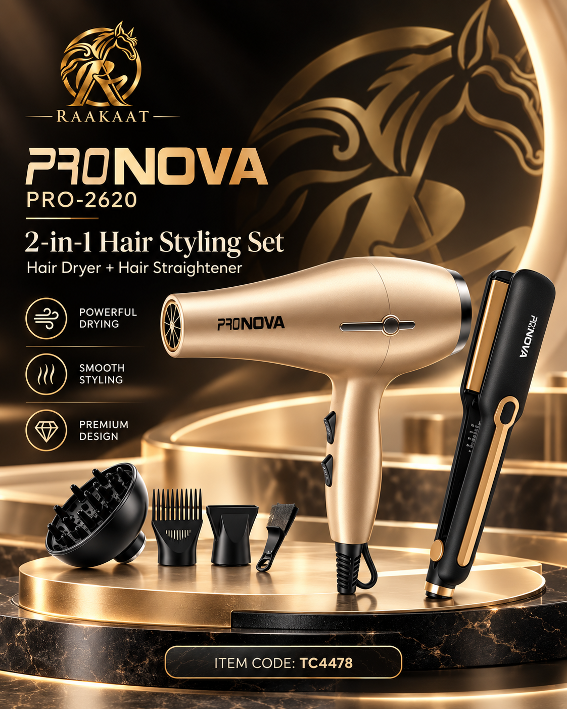 PRONOVA PRO-2620 2-in-1 hair styling set with hair dryer and straightener - Raakaat