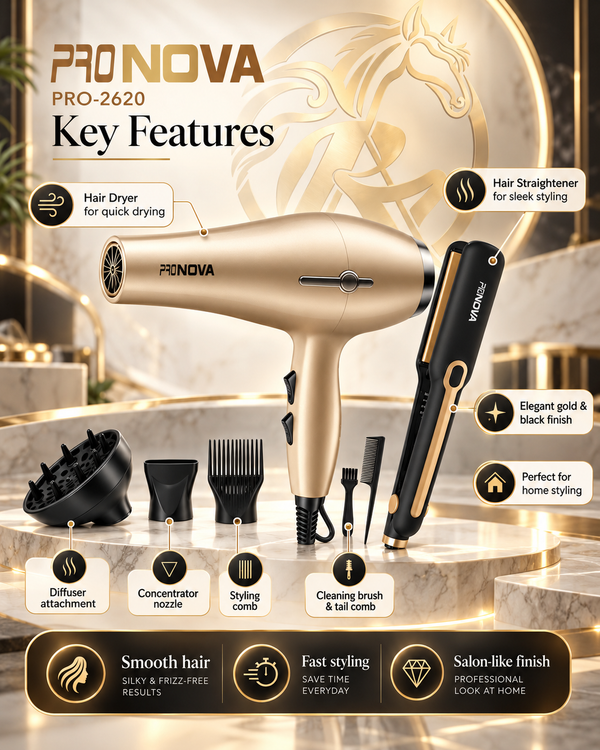 PRONOVA PRO-2620 hair dryer and straightener set key features and accessories