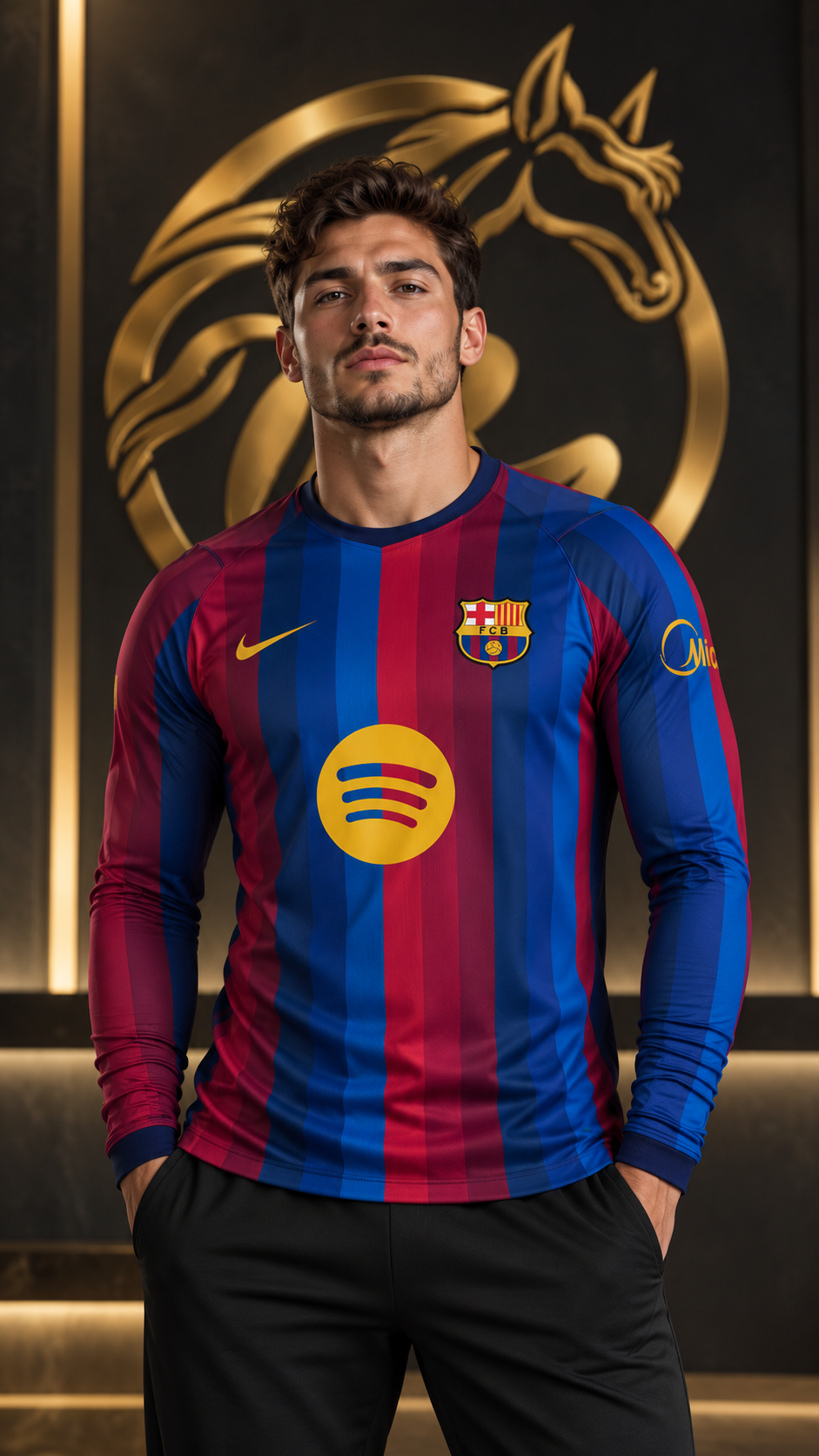 Men's FC Barcelona Blue & Red long sleeve football jersey modeled, front view | Raakaat