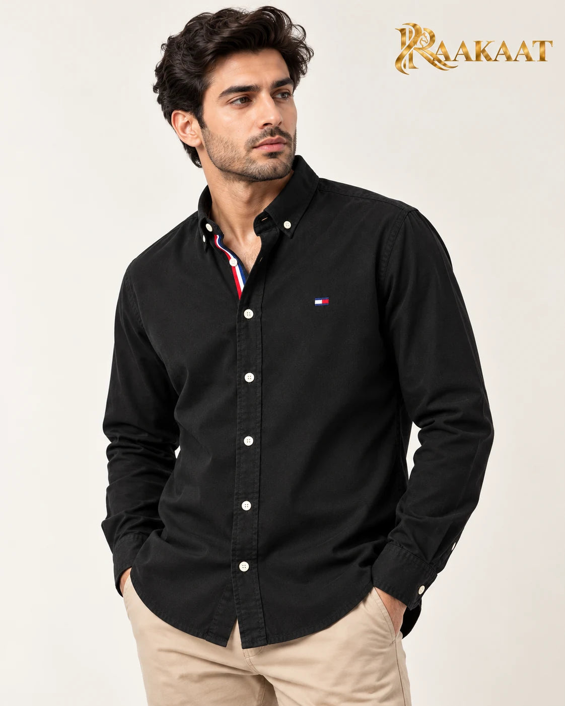 Men's black long-sleeve shirt — three-quarter