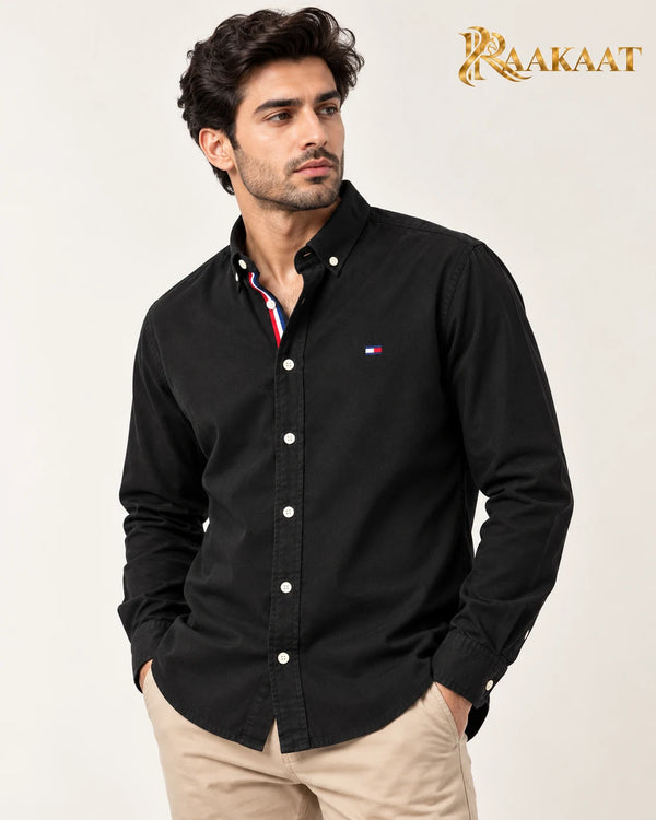 Men's black long-sleeve shirt — three-quarter