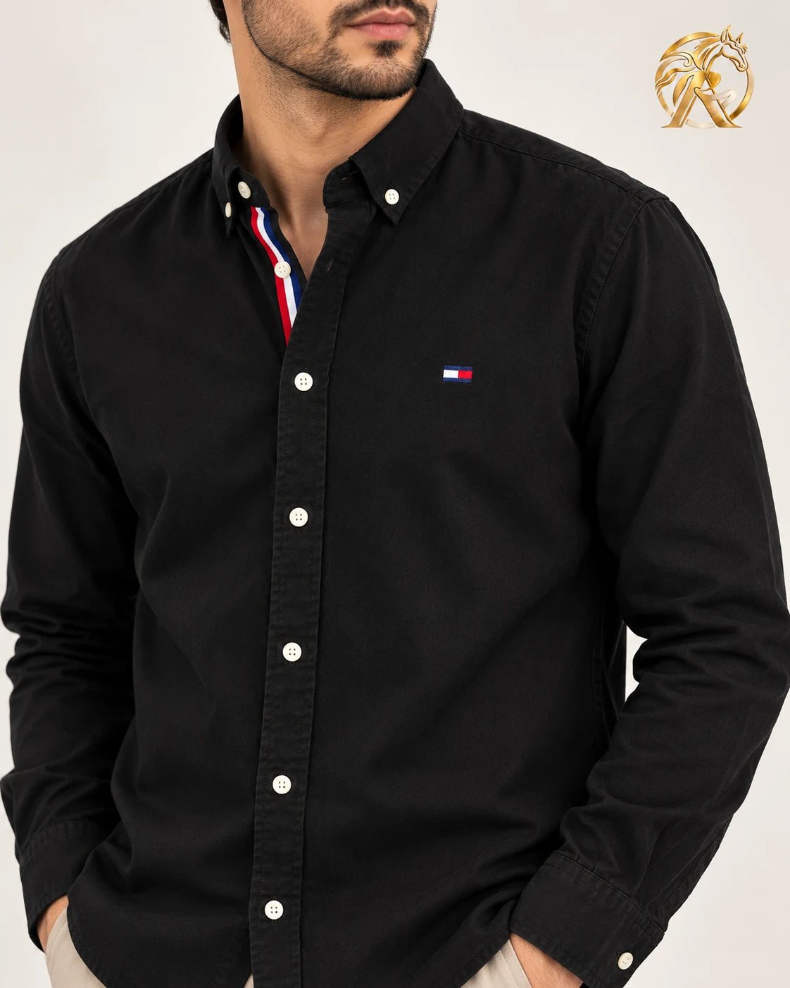 Men's black long-sleeve shirt — collar detail