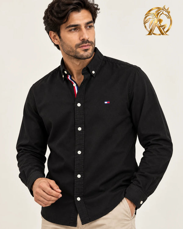 Men's black long-sleeve shirt — cuff detail