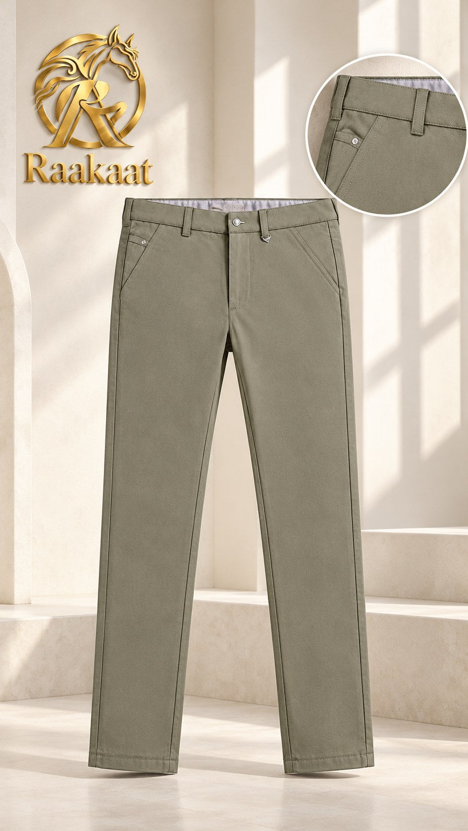 Raakaat men's beige formal straight-leg pants – front view and pocket detail