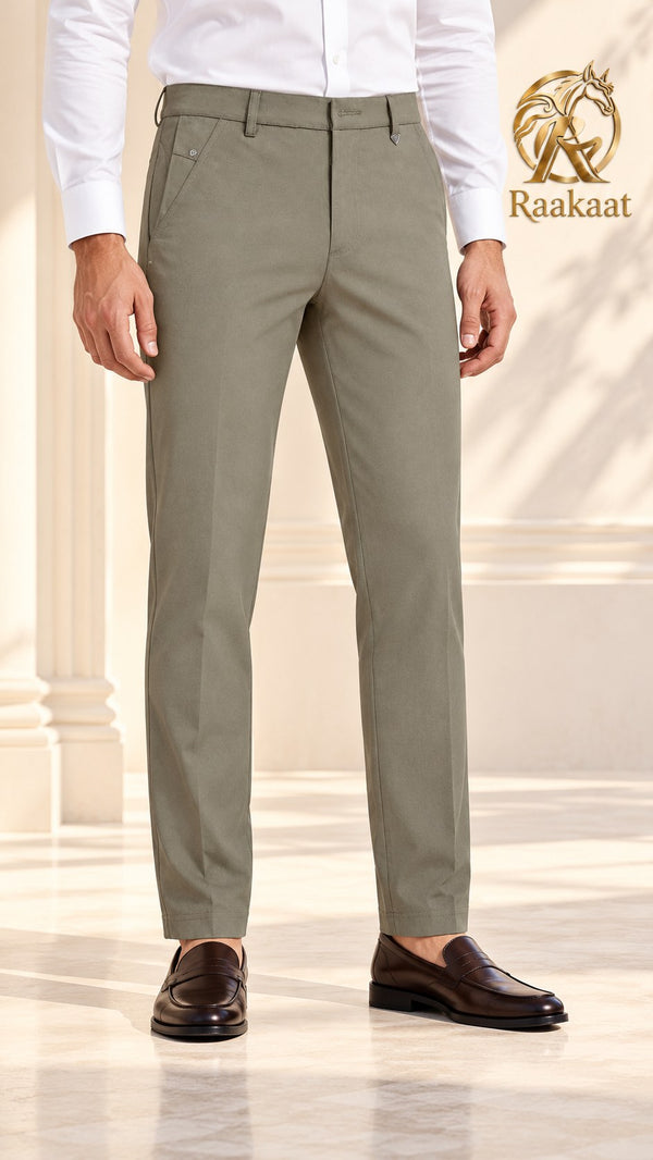 Raakaat men's beige formal straight-leg pants – model wearing trousers