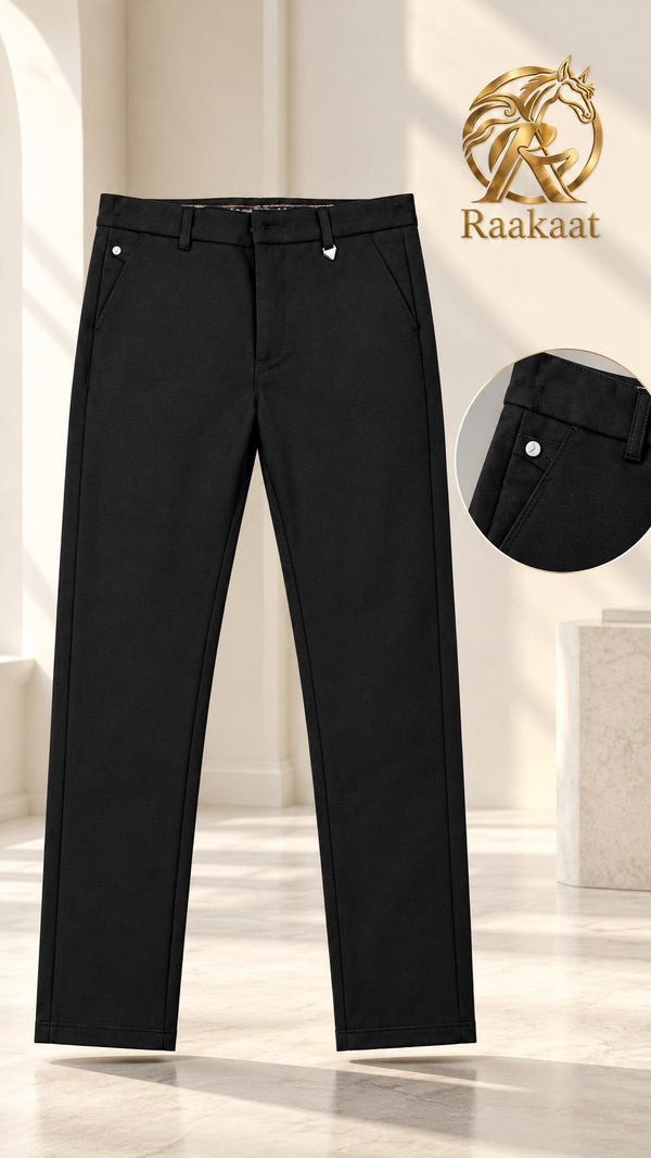 Raakaat men's black formal straight-leg pants – front view and pocket detail