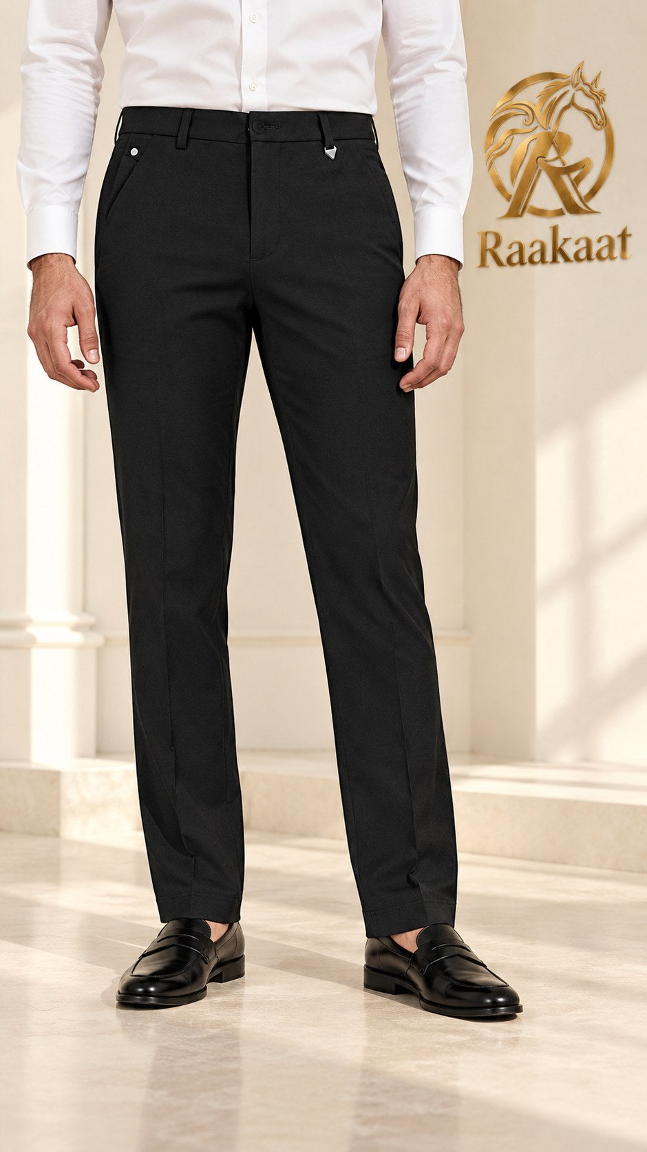 Raakaat men's black formal straight-leg pants – model wearing trousers