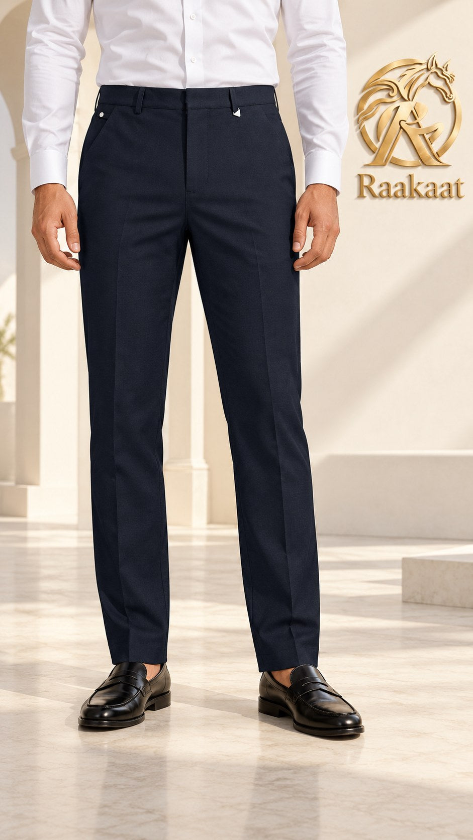 Raakaat men's navy blue formal straight-leg pants – model wearing trousers