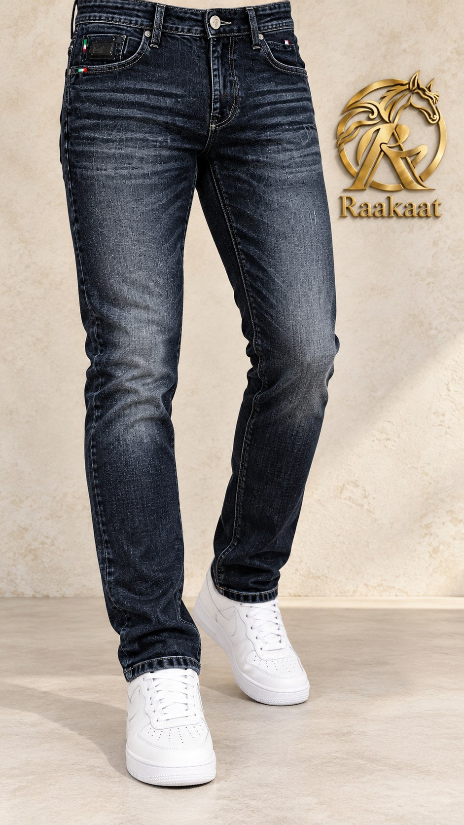 Men's dark indigo whisker wash jeans – waist-to-shoes angle view