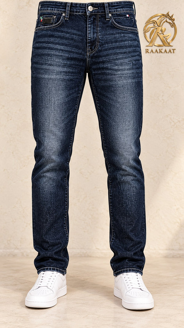 Men's dark indigo whisker wash jeans – waist-to-shoes front view