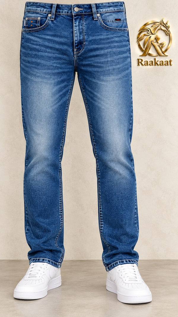 Raakaat men's mid blue whisker wash jeans – front view