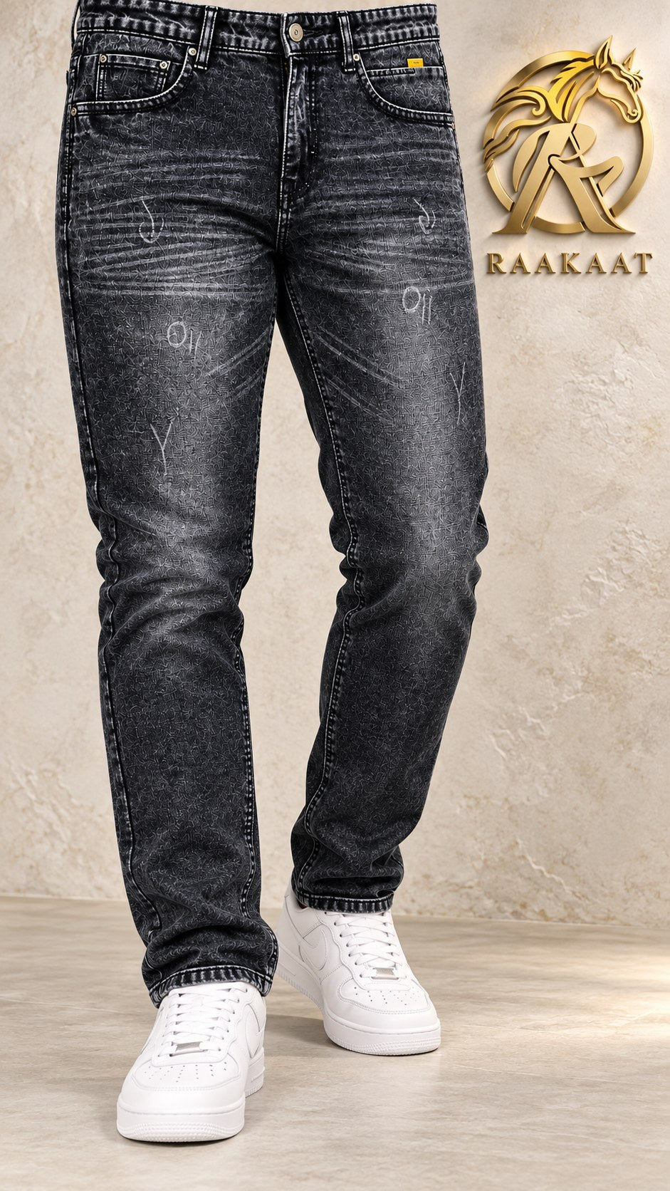 Raakaat men's charcoal vintage wash jeans – angle view