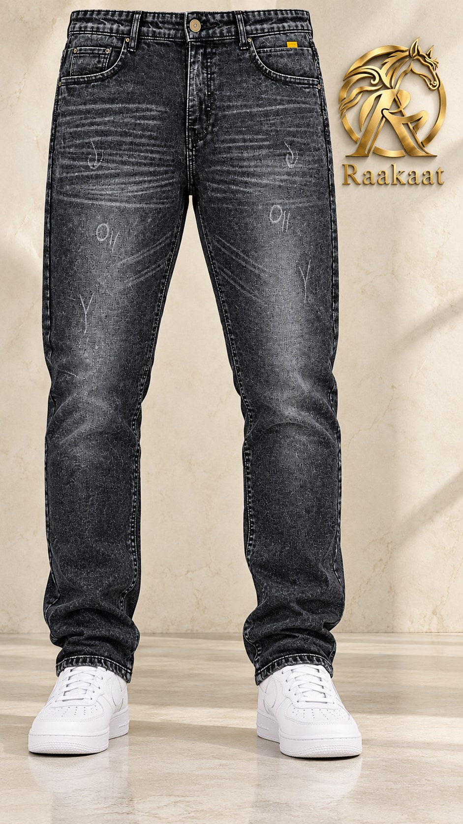 Raakaat men's charcoal vintage wash jeans – front view