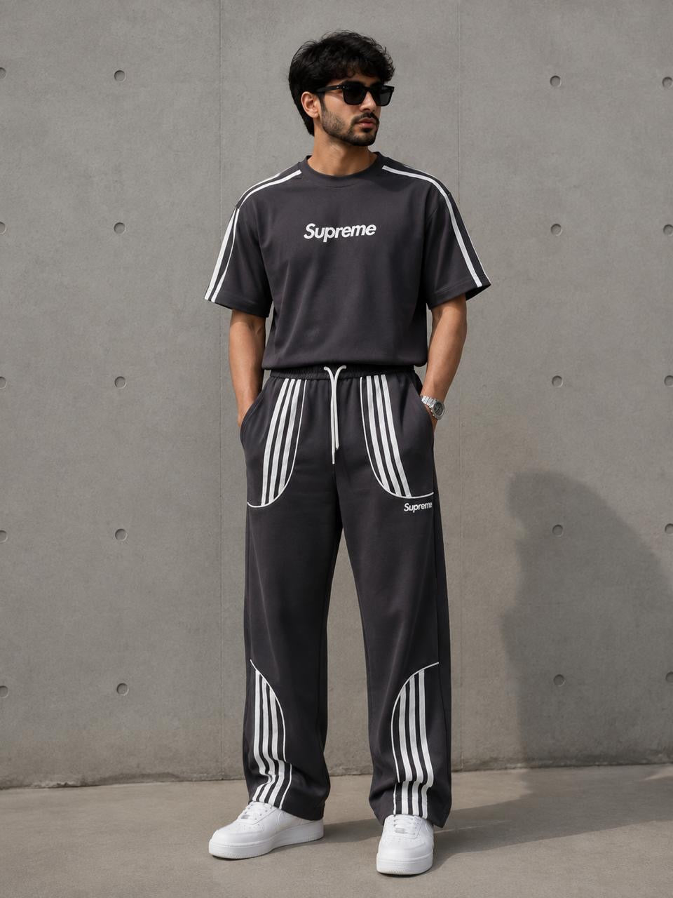 Men's charcoal grey matching short sleeve T-shirt and jogger pants set