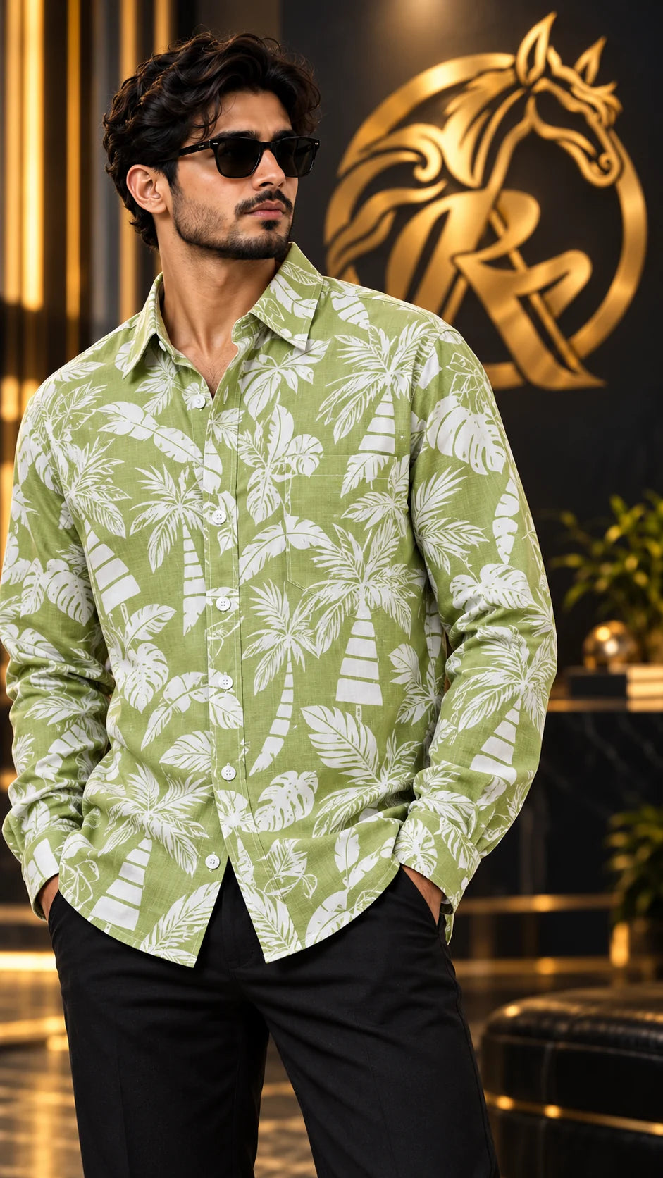 Men's Olive Green Tropical Print oversized long sleeve shirt on model front view – Raakaat