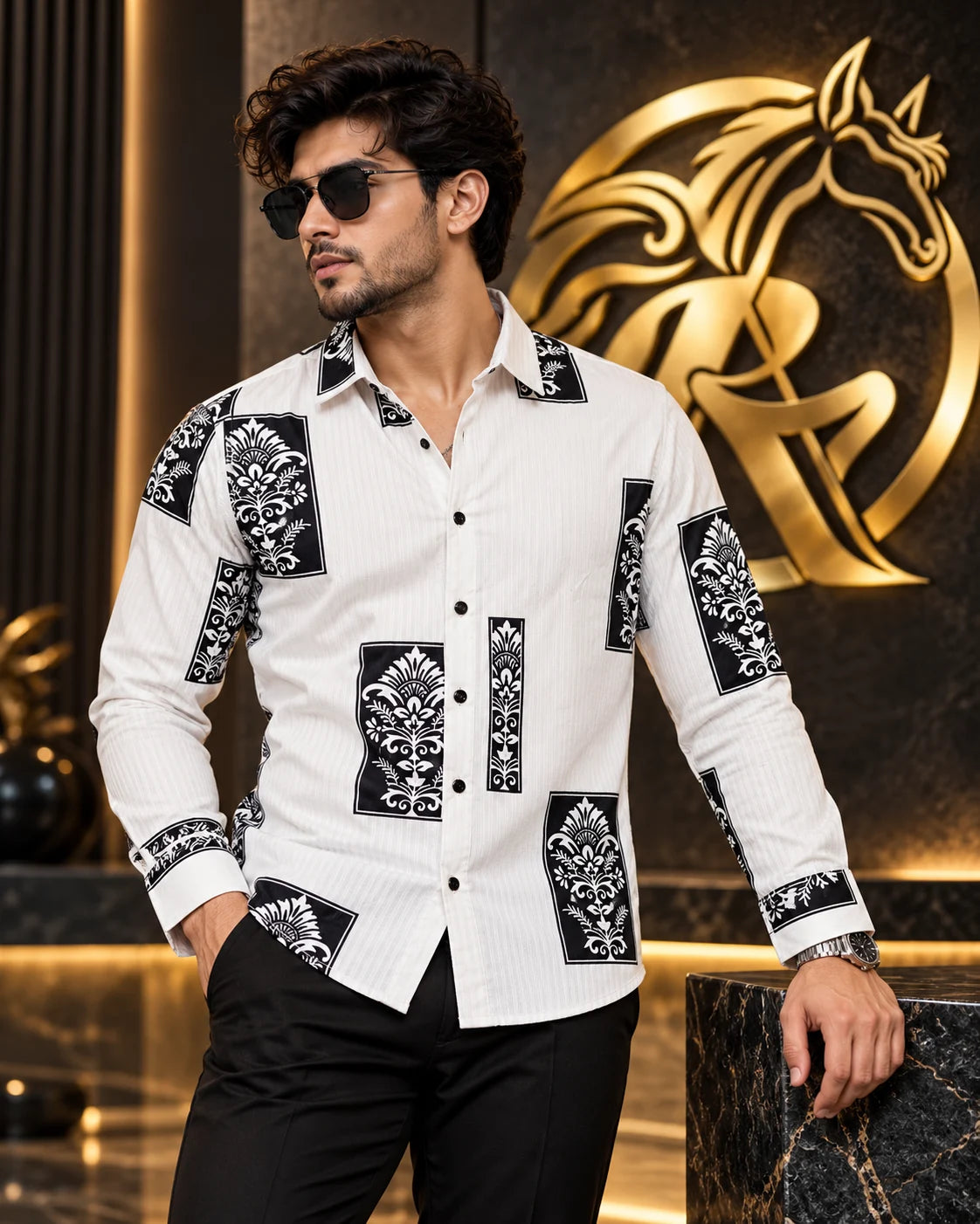 White black ornamental floral shirt on model second pose with visible collar cuffs and prints | Raakaat