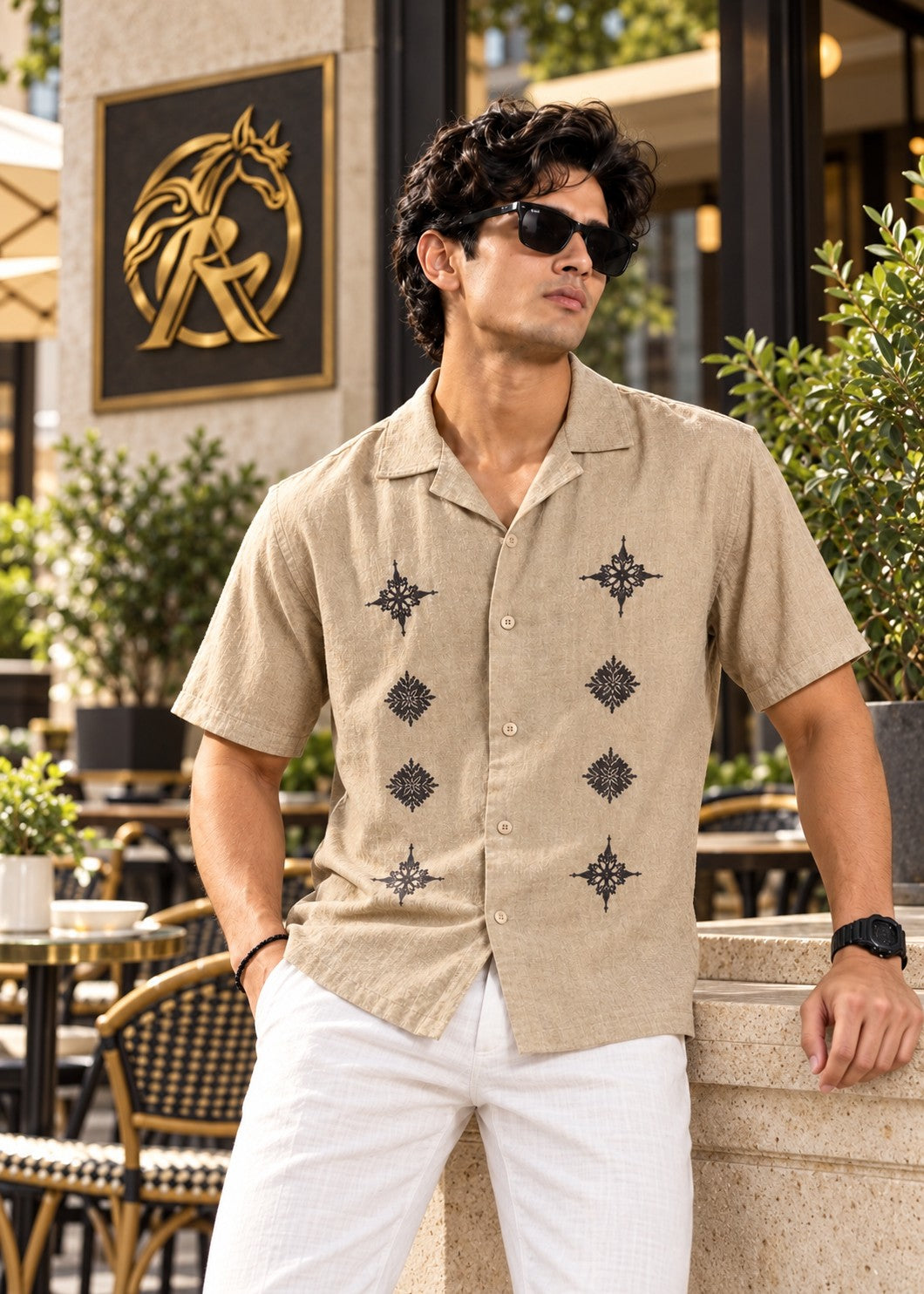 Men's beige short sleeve motif camp collar shirt — cafe model view | Raakaat