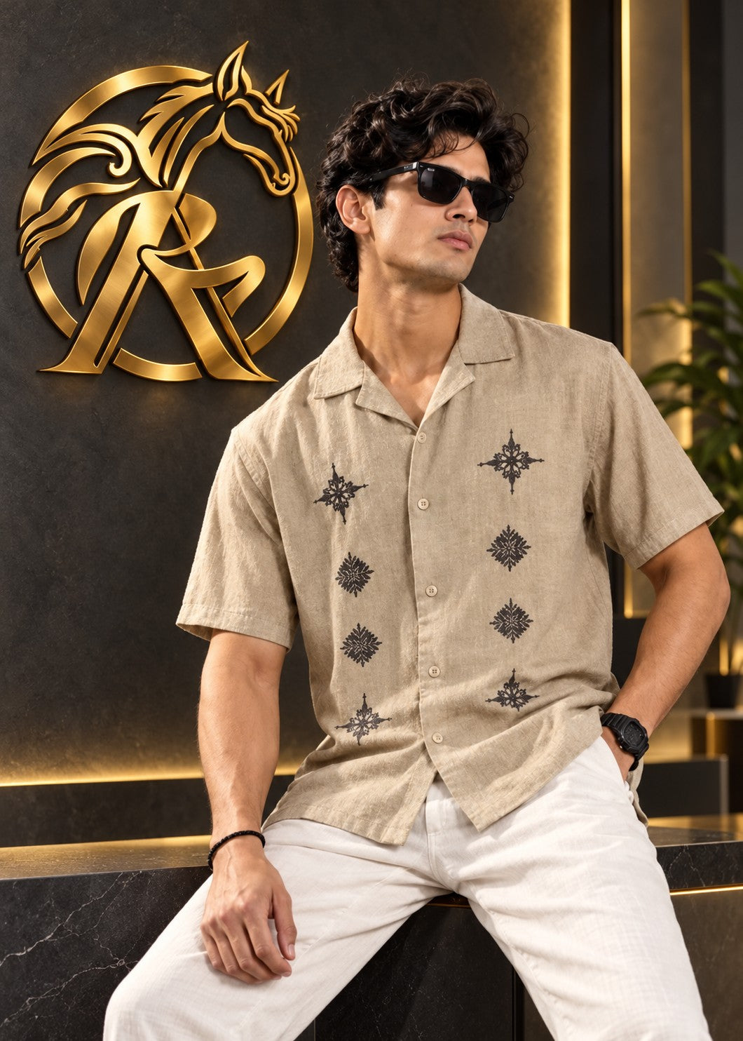 Men's beige short sleeve motif camp collar shirt — original model view | Raakaat